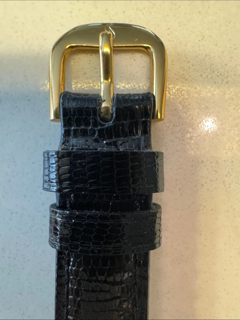 Cartier Gold Tone Rectangular Watch with dark brown Strap and sapphire Cabochon